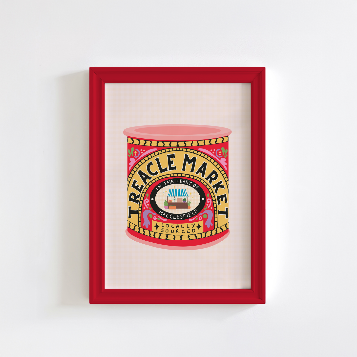 An illustrated art print of a a tin of treacle - but designed in ode to the Treacle Market in Macclesfield. THe print has bold red and yellow hues. 