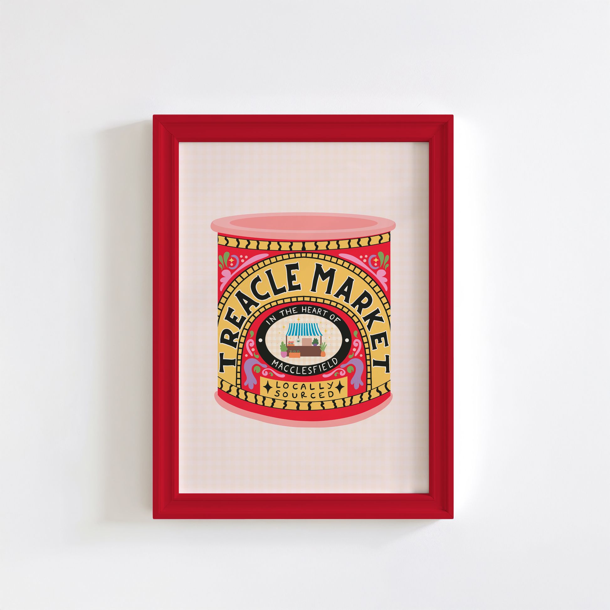 An illustrated art print of a a tin of treacle - but designed in ode to the Treacle Market in Macclesfield. THe print has bold red and yellow hues. 