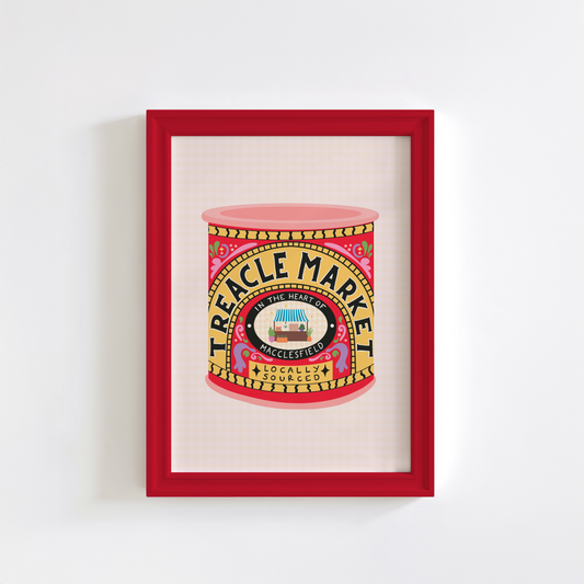 An illustrated art print of a a tin of treacle - but designed in ode to the Treacle Market in Macclesfield. THe print has bold red and yellow hues. 