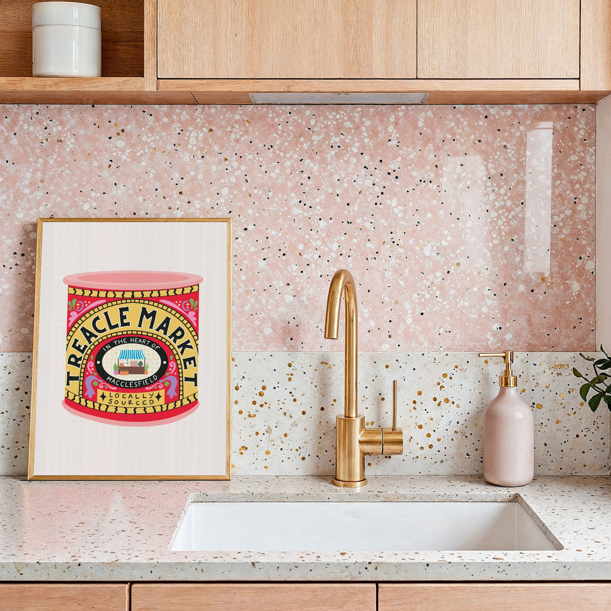 An illustrated art print of a a tin of treacle - but designed in ode to the Treacle Market in Macclesfield. THe print has bold red and yellow hues. 