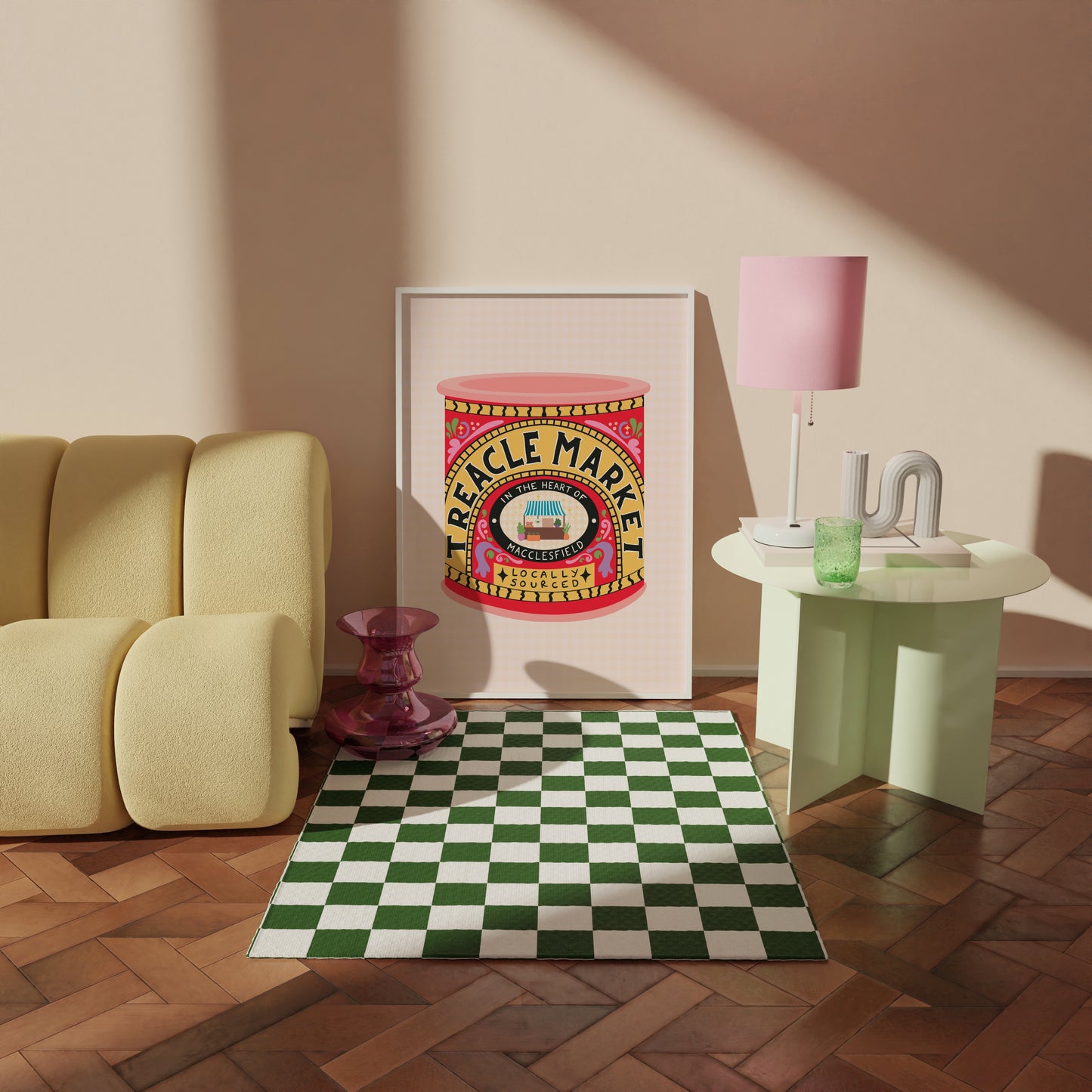 An illustrated art print of a a tin of treacle - but designed in ode to the Treacle Market in Macclesfield. THe print has bold red and yellow hues. 