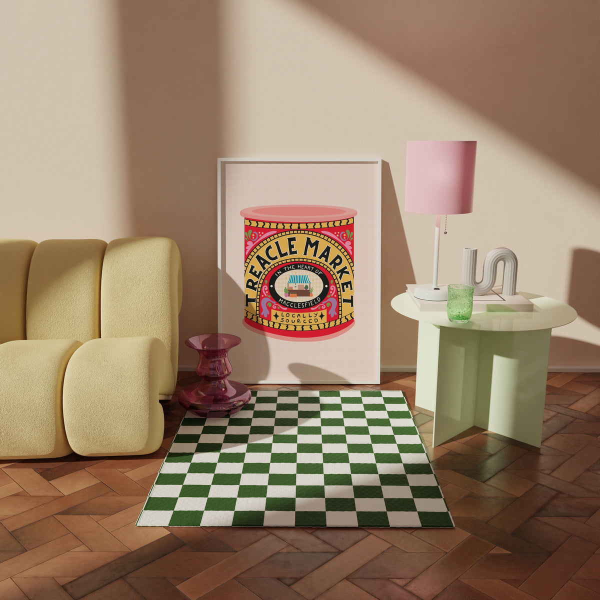 An illustrated art print of a a tin of treacle - but designed in ode to the Treacle Market in Macclesfield. THe print has bold red and yellow hues. 