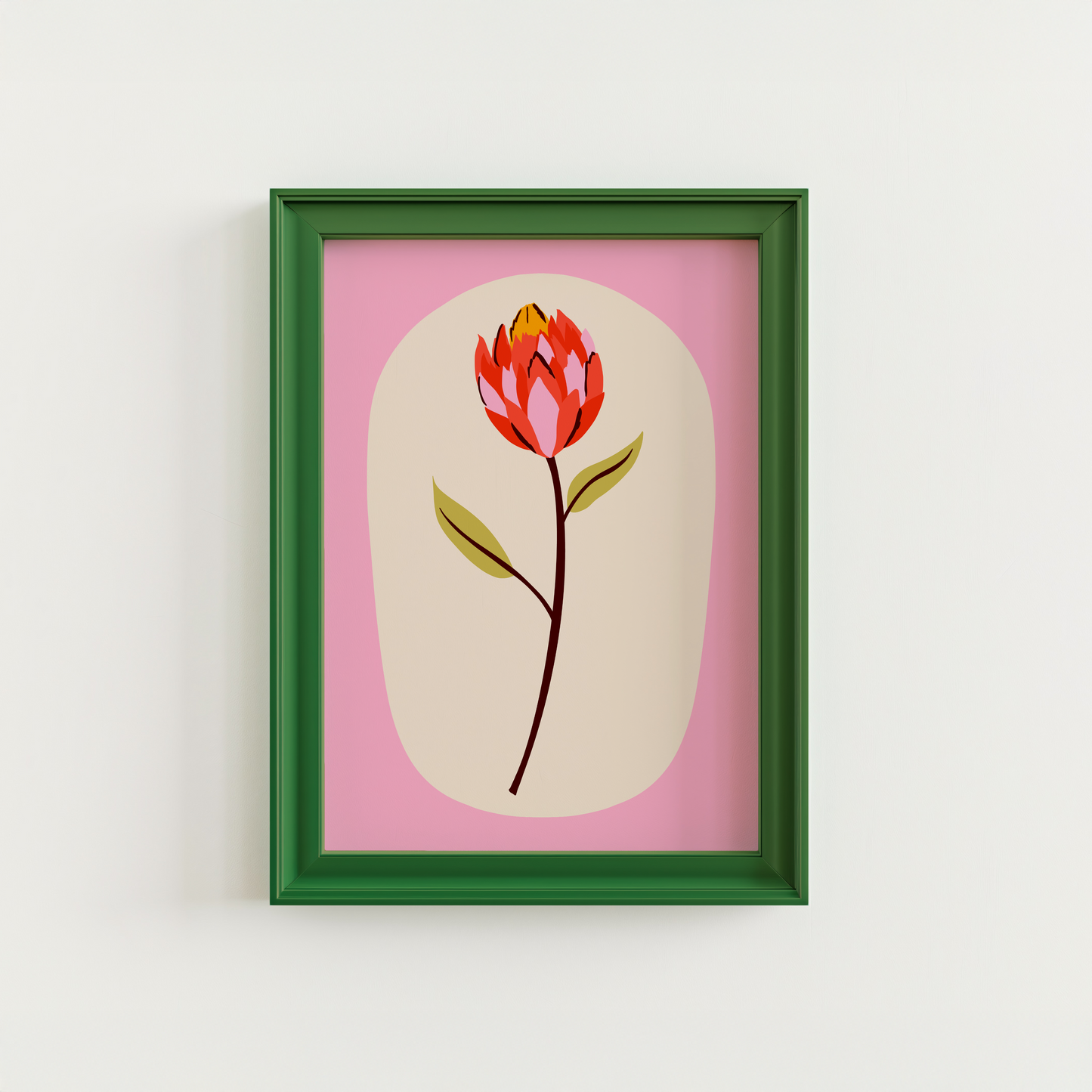 An illustration of a flower stem in shades of red and pink, shown in a frame.