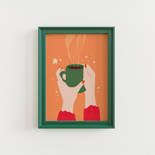 An illustration of a pair of woman's hands holding a green patterned mug, with coffee in. The print background is orange and there are little white stars around the illustration.