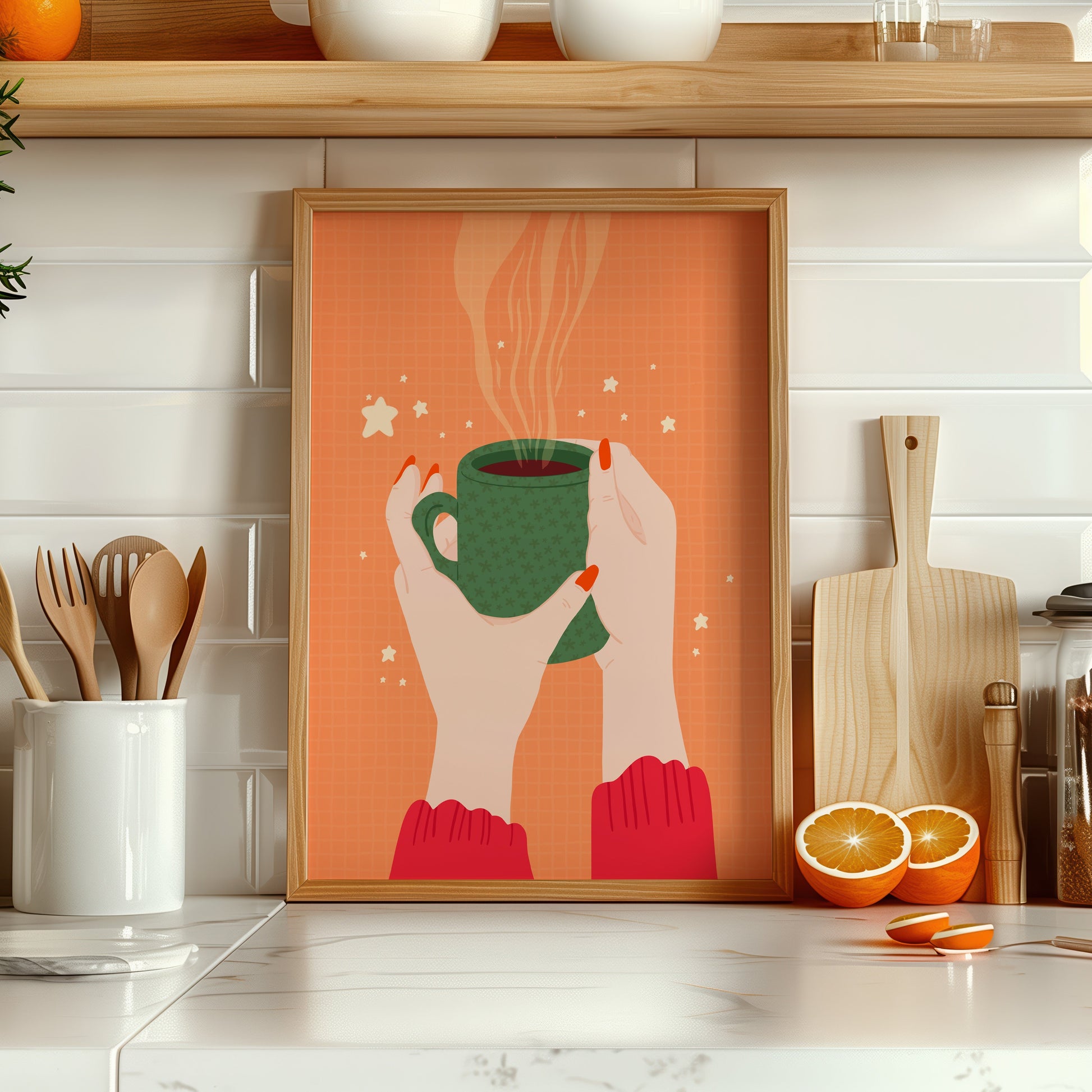 An illustration of a pair of woman's hands holding a green patterned mug, with coffee in. The print background is orange and there are little white stars around the illustration.