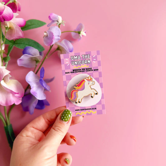 Uma The Unicorn Wooden Pin Badge