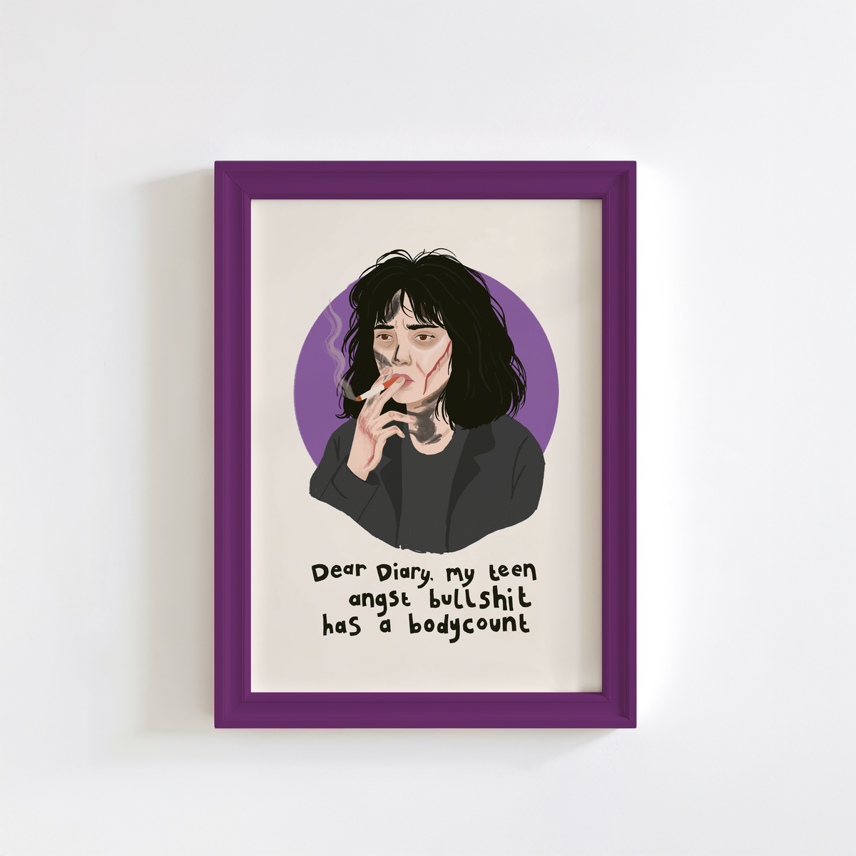 An illustrated art print featuring Veronica from the film Heathers, with the quote 'Dear Diary, my teen angst bullshit has a bodycount'.