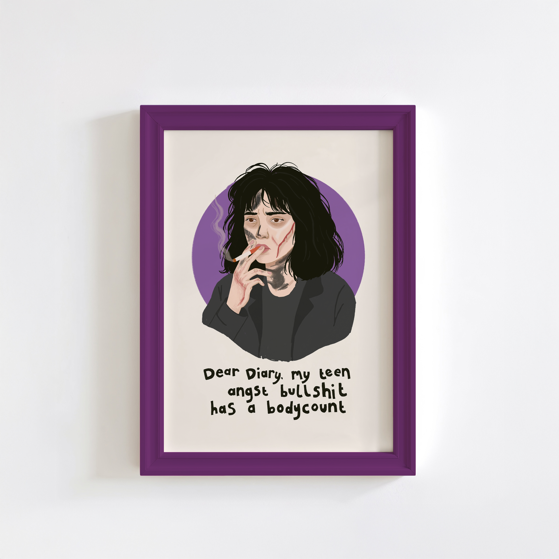 An illustrated art print featuring Veronica from the film Heathers, with the quote 'Dear Diary, my teen angst bullshit has a bodycount'.