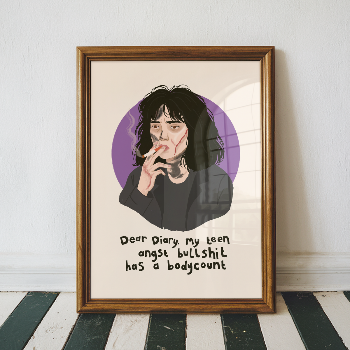 An illustrated art print featuring Veronica from the film Heathers, with the quote 'Dear Diary, my teen angst bullshit has a bodycount'.
