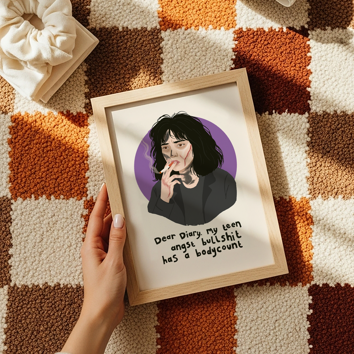 An illustrated art print featuring Veronica from the film Heathers, with the quote 'Dear Diary, my teen angst bullshit has a bodycount'.