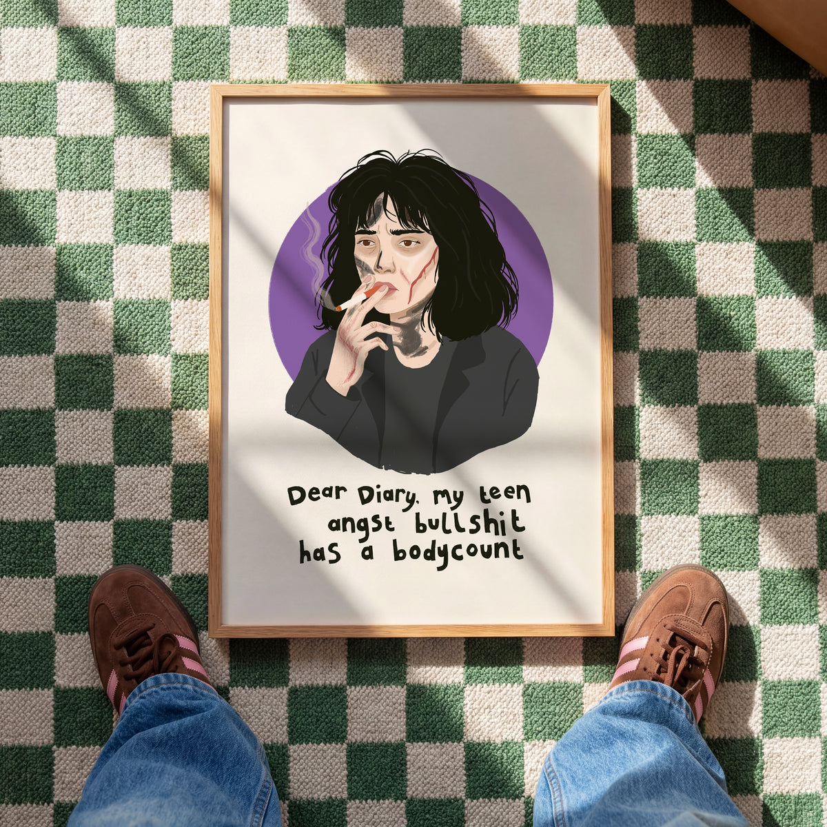 An illustrated art print featuring Veronica from the film Heathers, with the quote 'Dear Diary, my teen angst bullshit has a bodycount'.