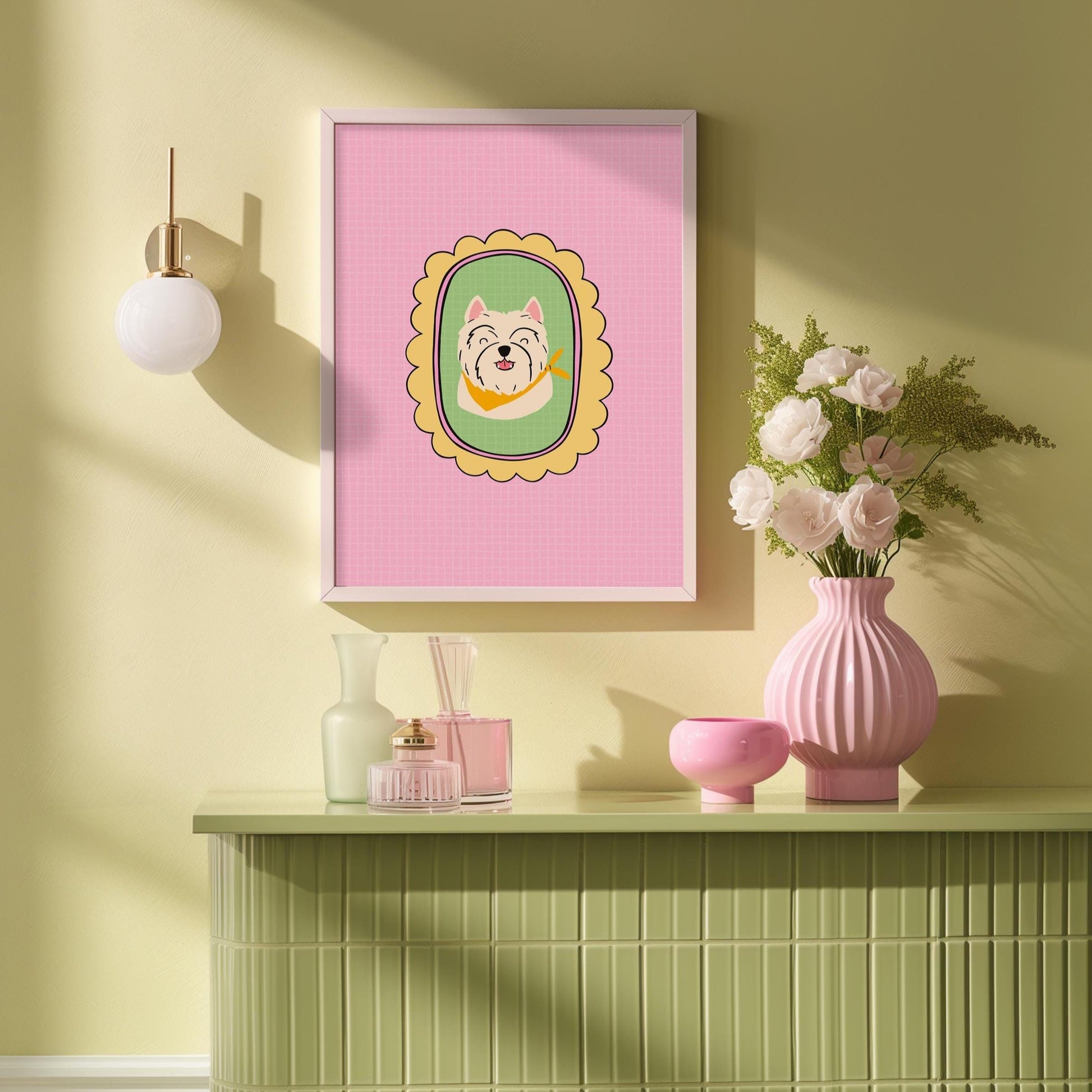 A print of a West Highland Terrier with a pink background and a yellow scalloped frame.