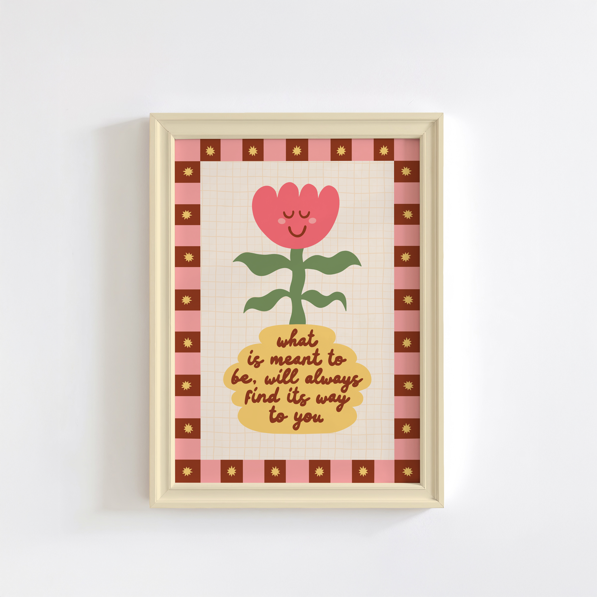 An illustration of a smiling tulip in a yellow vase, which has a positive quote written on it. Around the illustration is a hand drawn pink and brown checkerboard border with yellow stars.