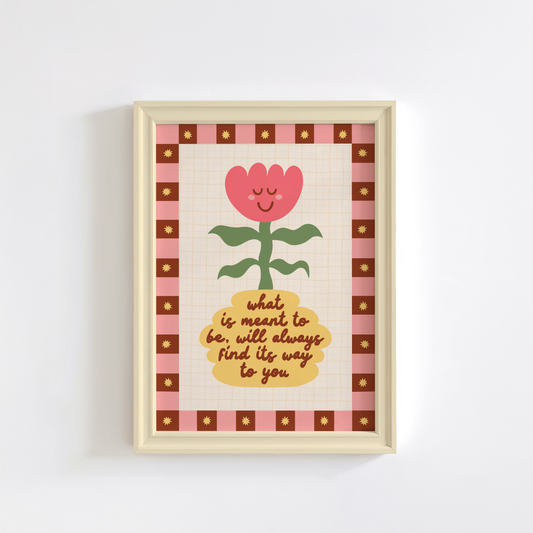An illustration of a smiling tulip in a yellow vase, which has a positive quote written on it. Around the illustration is a hand drawn pink and brown checkerboard border with yellow stars.