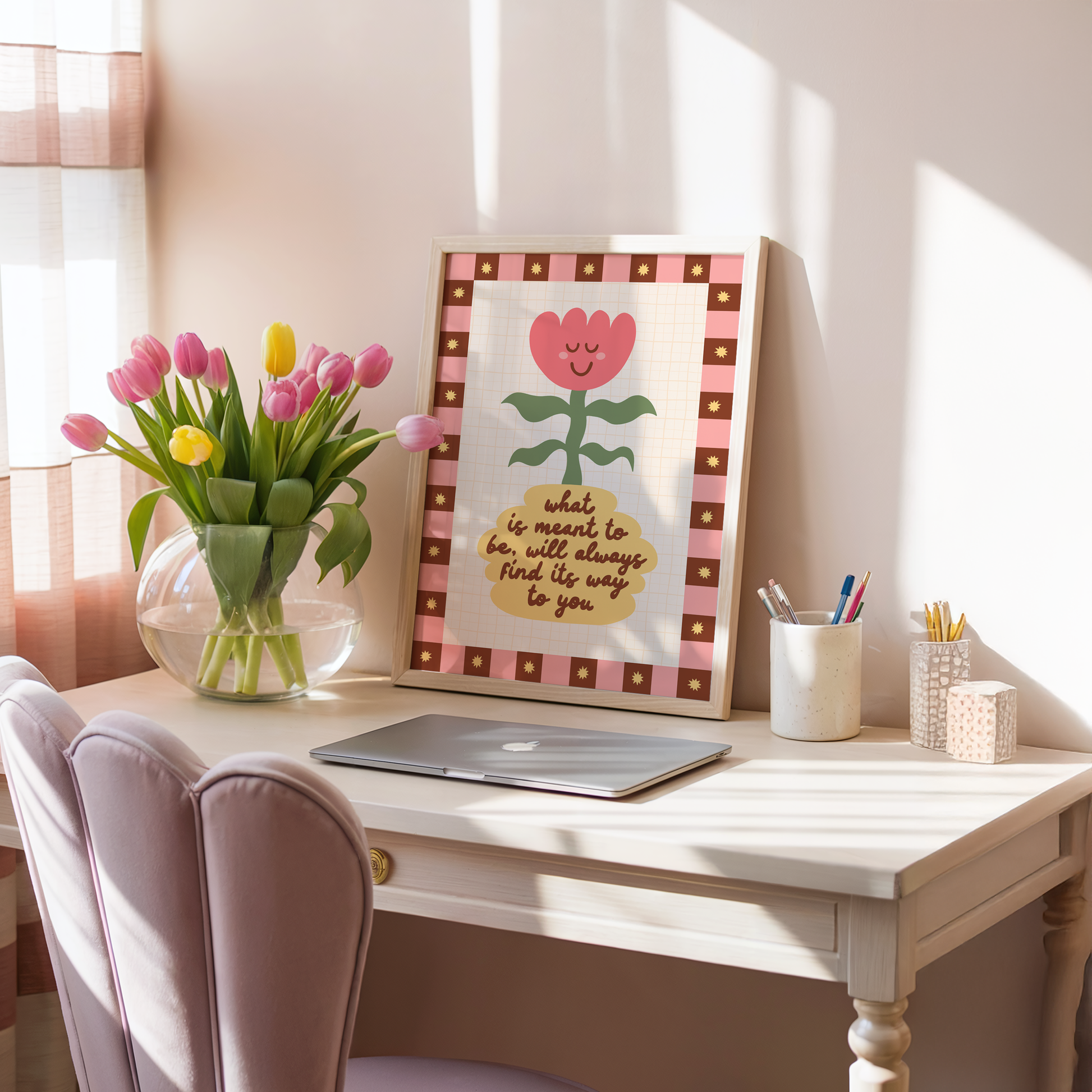 An illustration of a smiling tulip in a yellow vase, which has a positive quote written on it. Around the illustration is a hand drawn pink and brown checkerboard border with yellow stars.