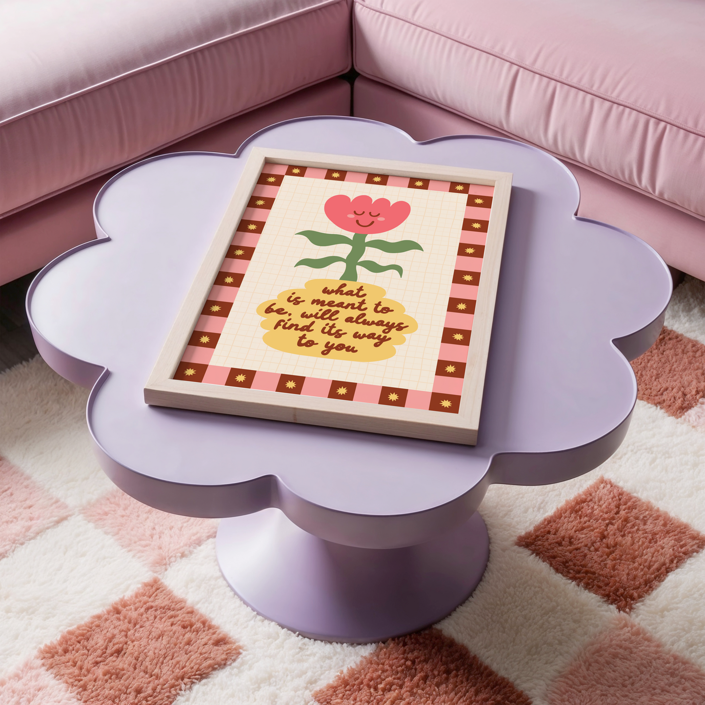 An illustration of a smiling tulip in a yellow vase, which has a positive quote written on it. Around the illustration is a hand drawn pink and brown checkerboard border with yellow stars.