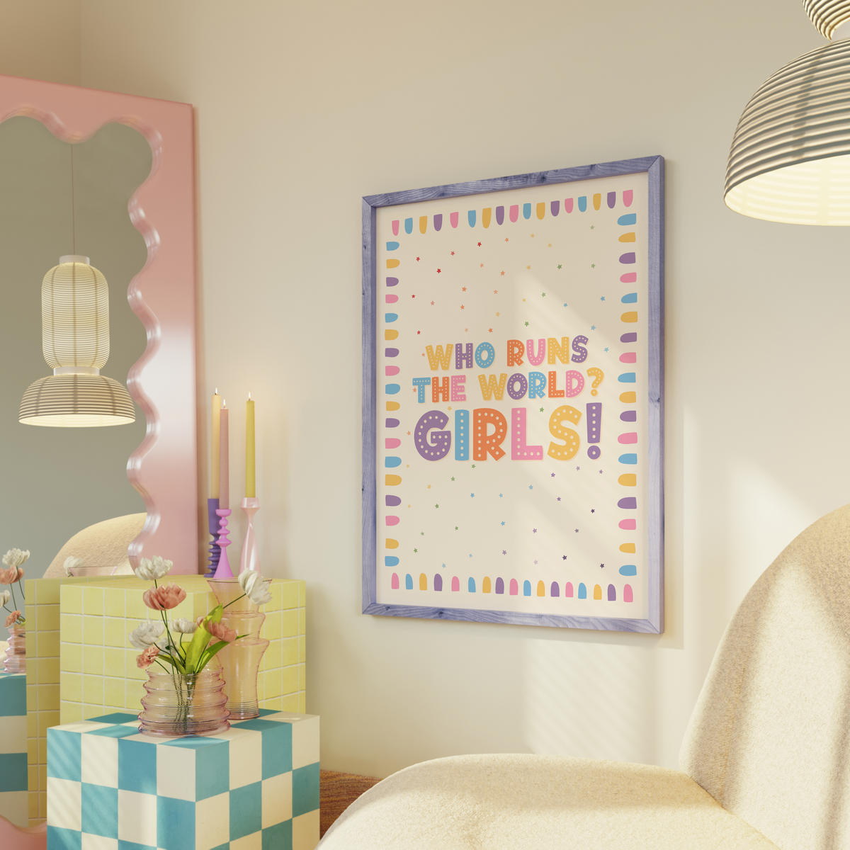 A nursery print with a colourful quote that reads 'who runs the world? GIRLS!' with a bright pastel coloured brush stroke border.