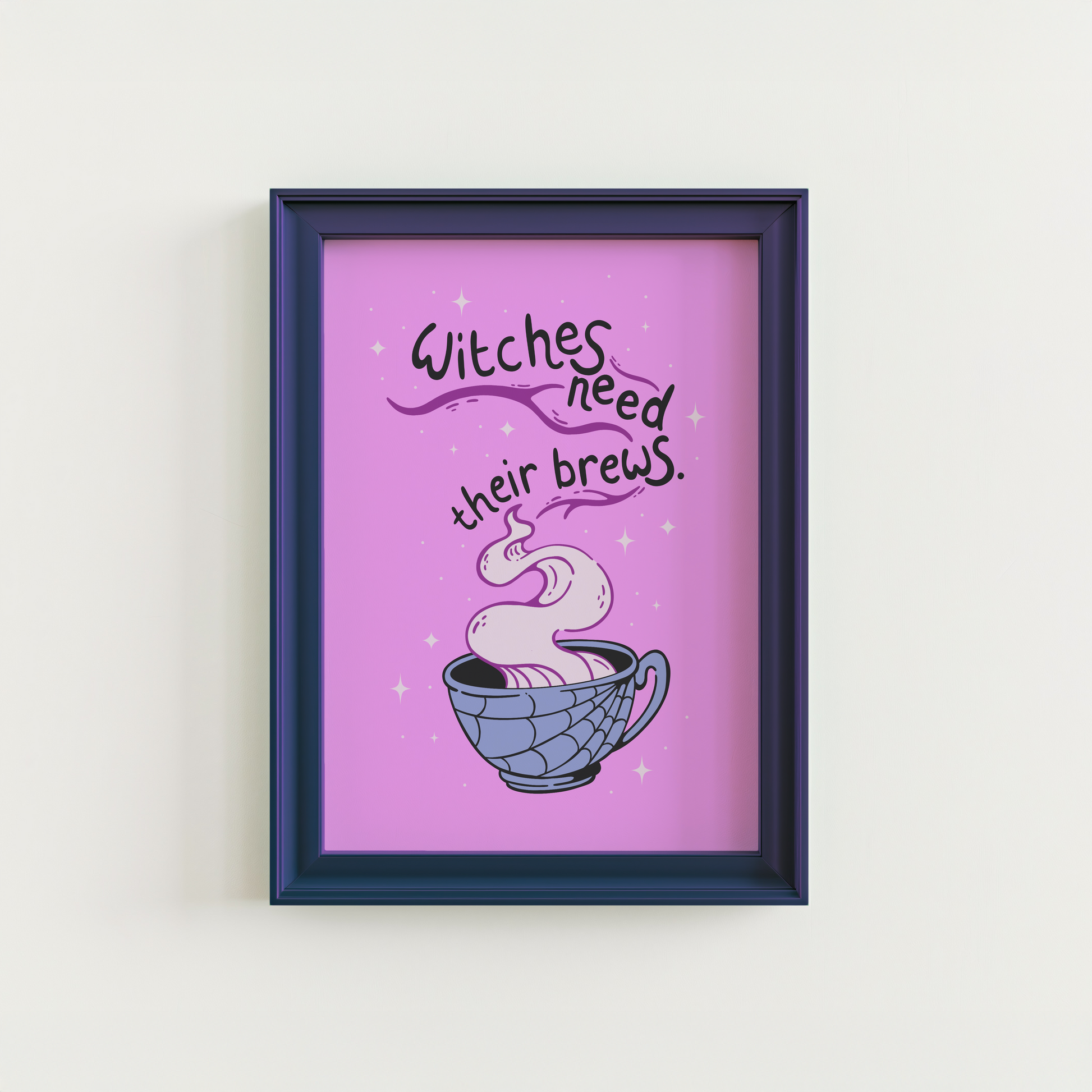 A purple Halloween illustration print, that features a spooky mug with steam coming out of it. Within the steam are the words 'witches need their brews'.