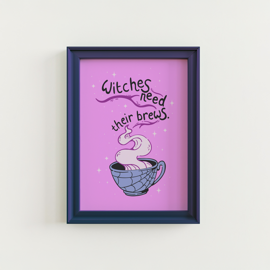 A purple Halloween illustration print, that features a spooky mug with steam coming out of it. Within the steam are the words 'witches need their brews'.