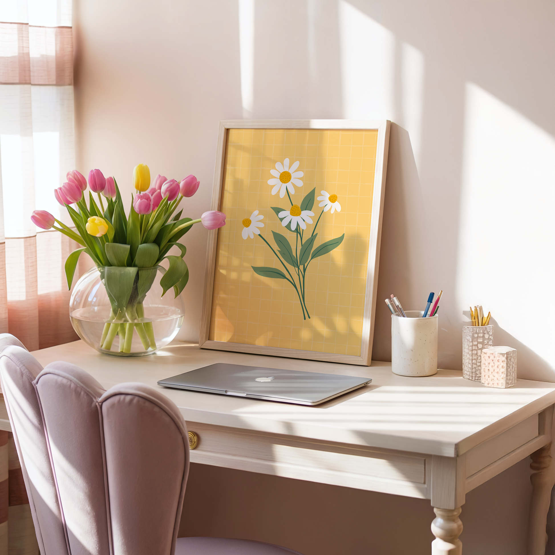 A yellow print with an illustration of a bunch of white daisies on.