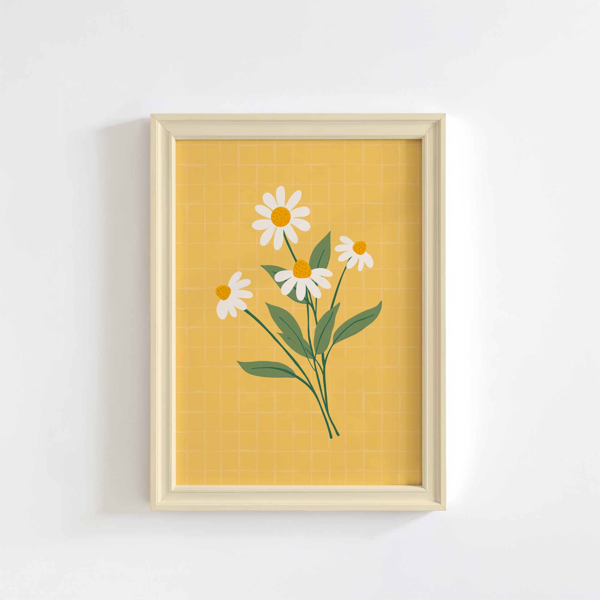 A yellow print with an illustration of a bunch of white daisies on.