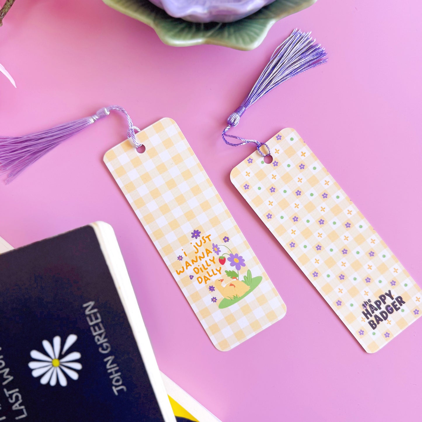 I Just Wanna Dilly Dally Bookmark - Yellow Gingham Pattern Bookmark with Co-Ordinating Tassel