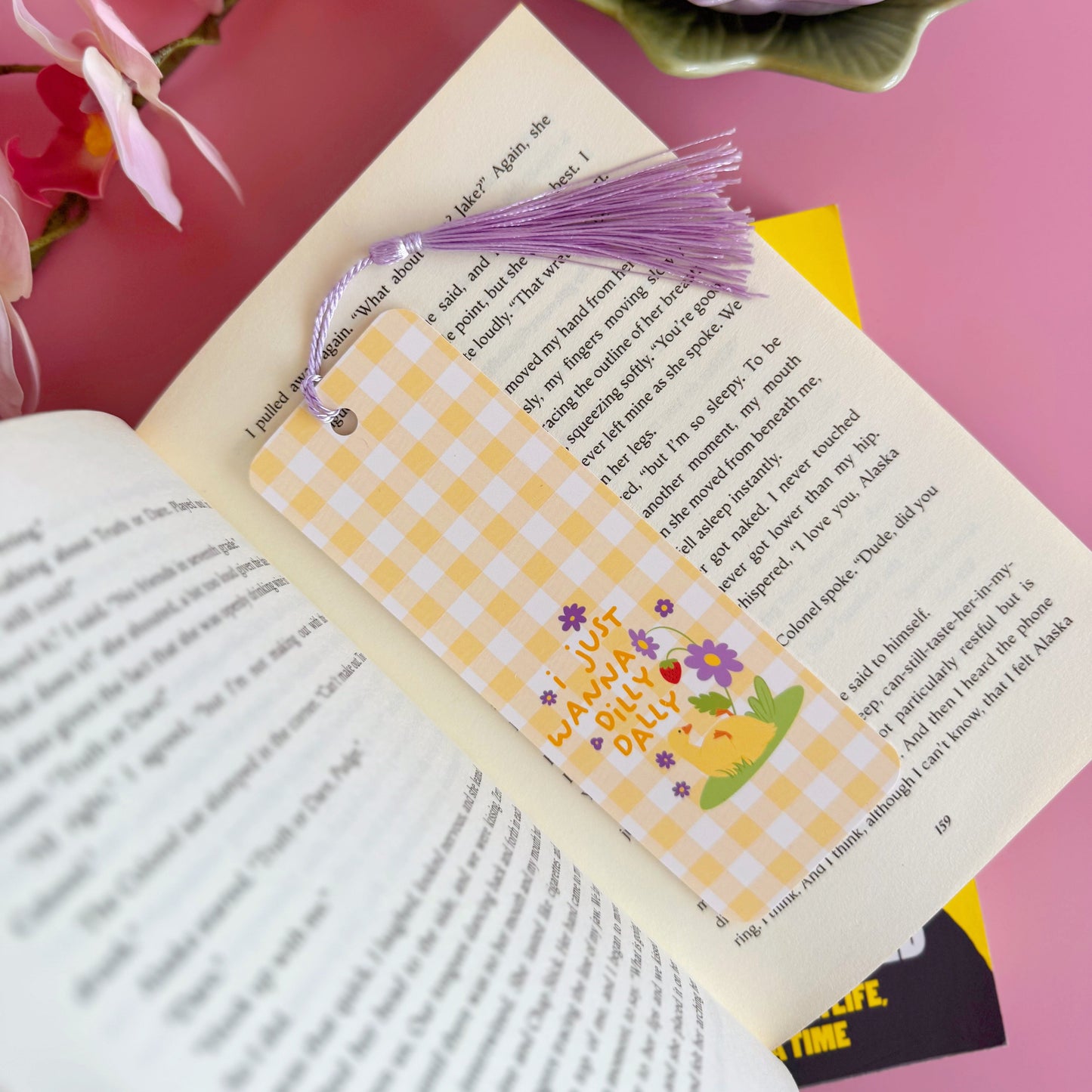 I Just Wanna Dilly Dally Bookmark - Yellow Gingham Pattern Bookmark with Co-Ordinating Tassel