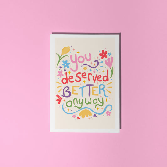 Motivational card with colourful text on a pink background