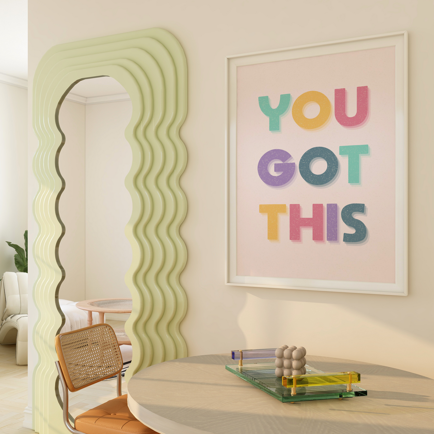A motivational print with multicoloured lettering, saying You Got This.