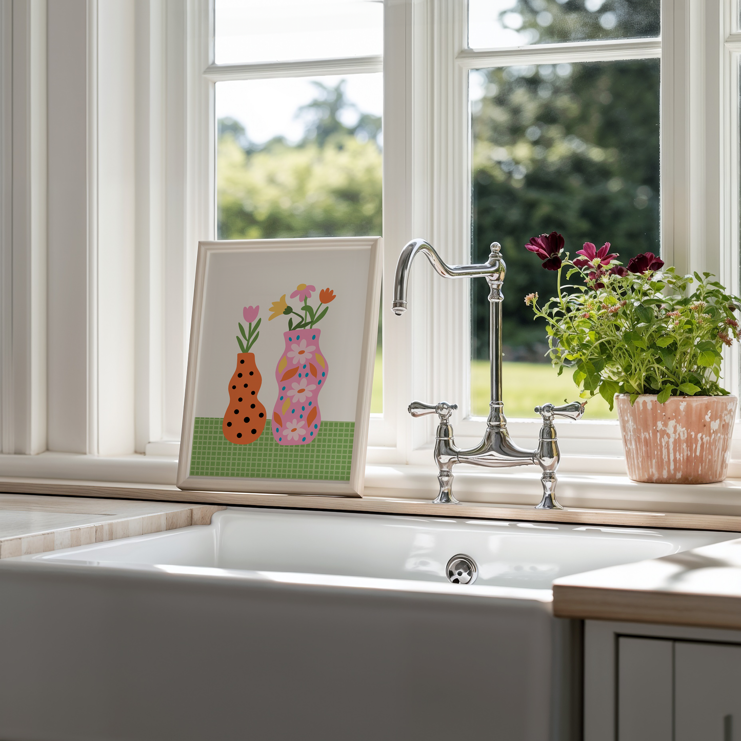 Colourful Vases Print in Pink, Orange and Green