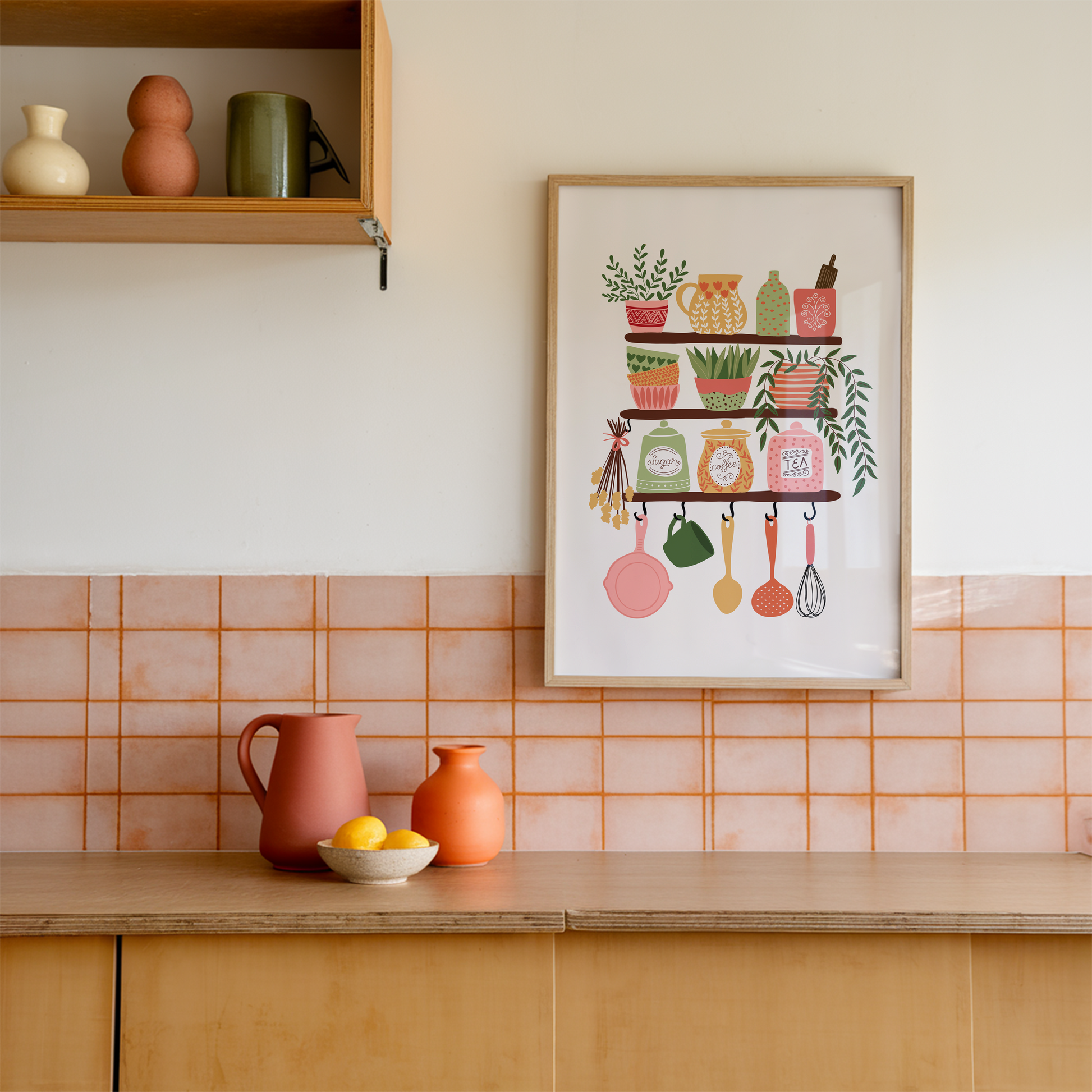 Kitchen interior with a colorful wall art print, shelves with decorative items, and a tiled backsplash.