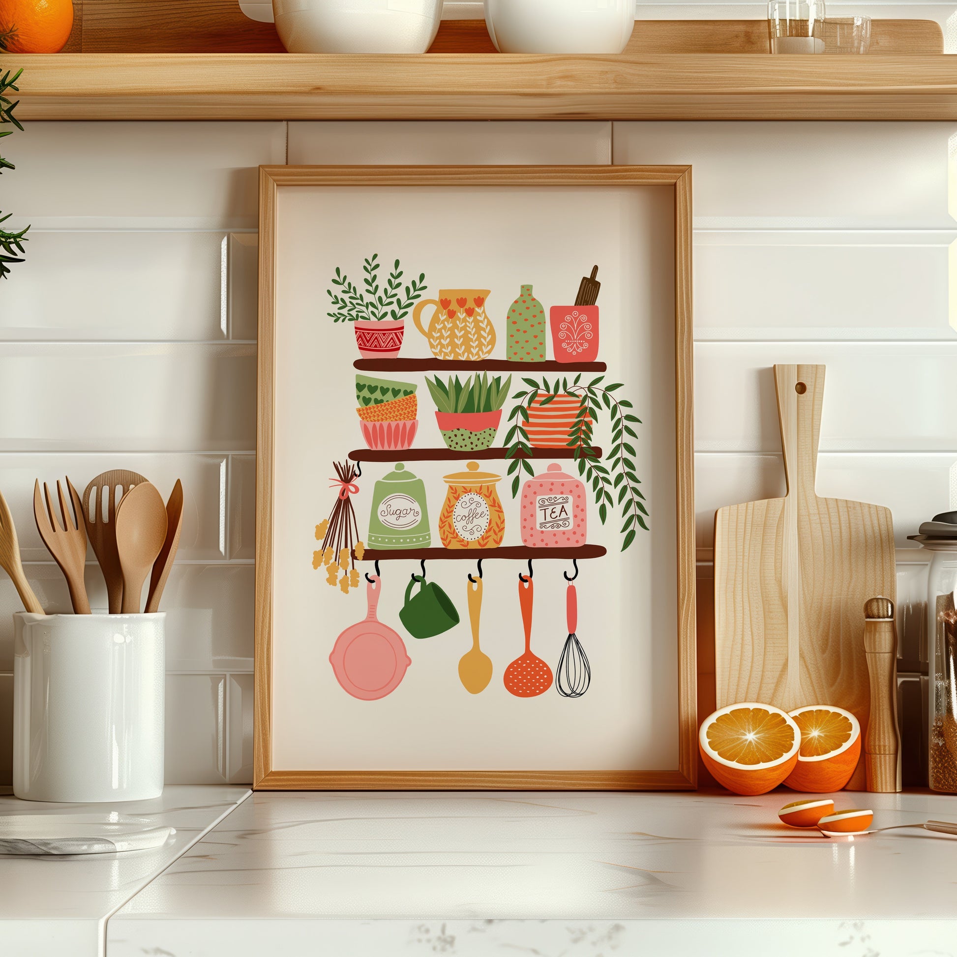 Kitchen scene with a framed print of kitchen items on a white tiled wall.