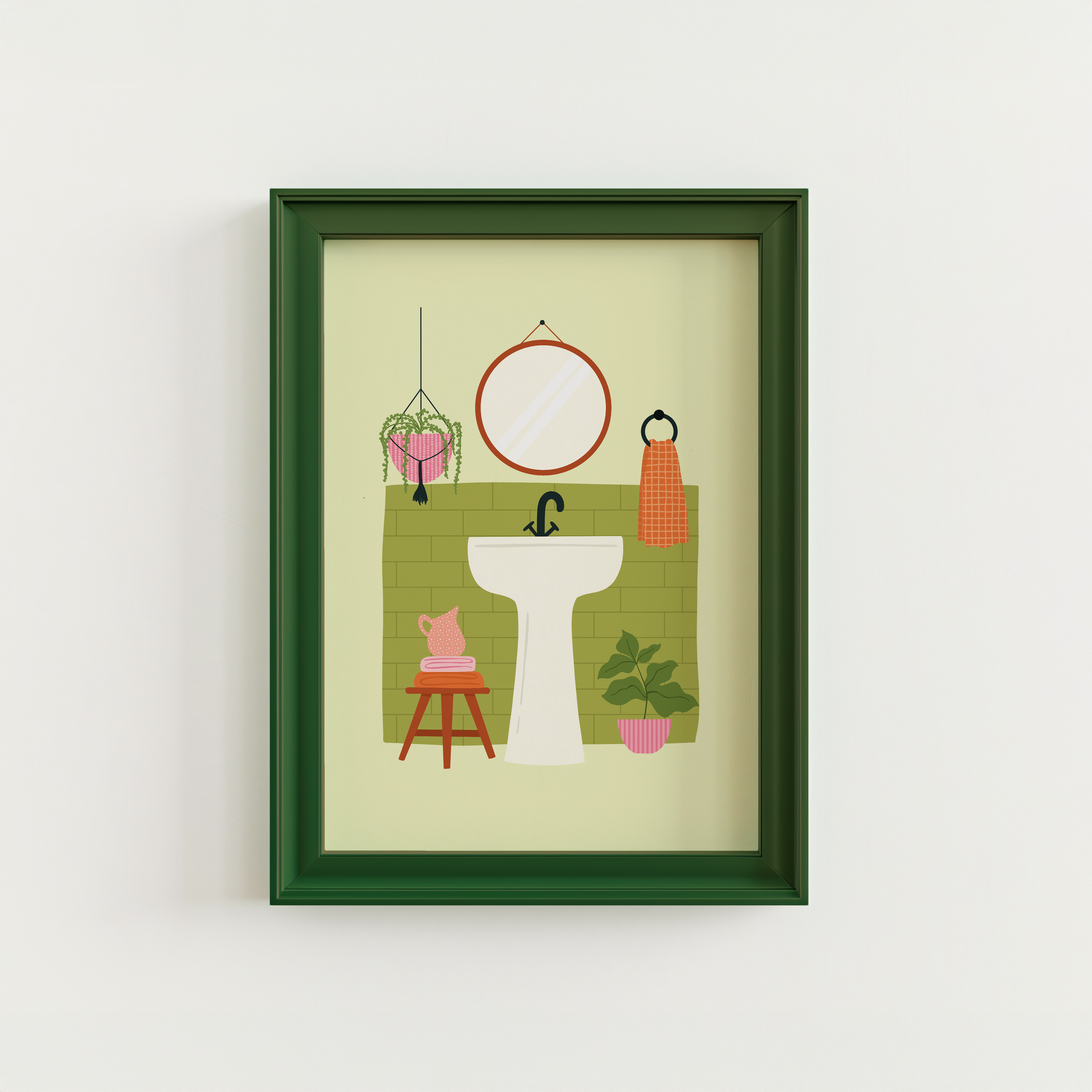 An illustration of a bathroom scene, with a sink, a mirror and plants in shades of green and orange and white. 