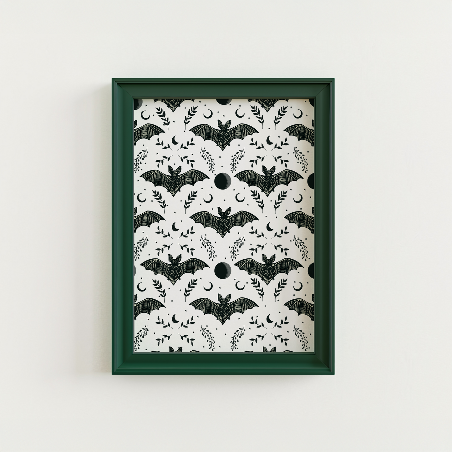 A print with a repeating pattern of black bats with moon and floral elements.