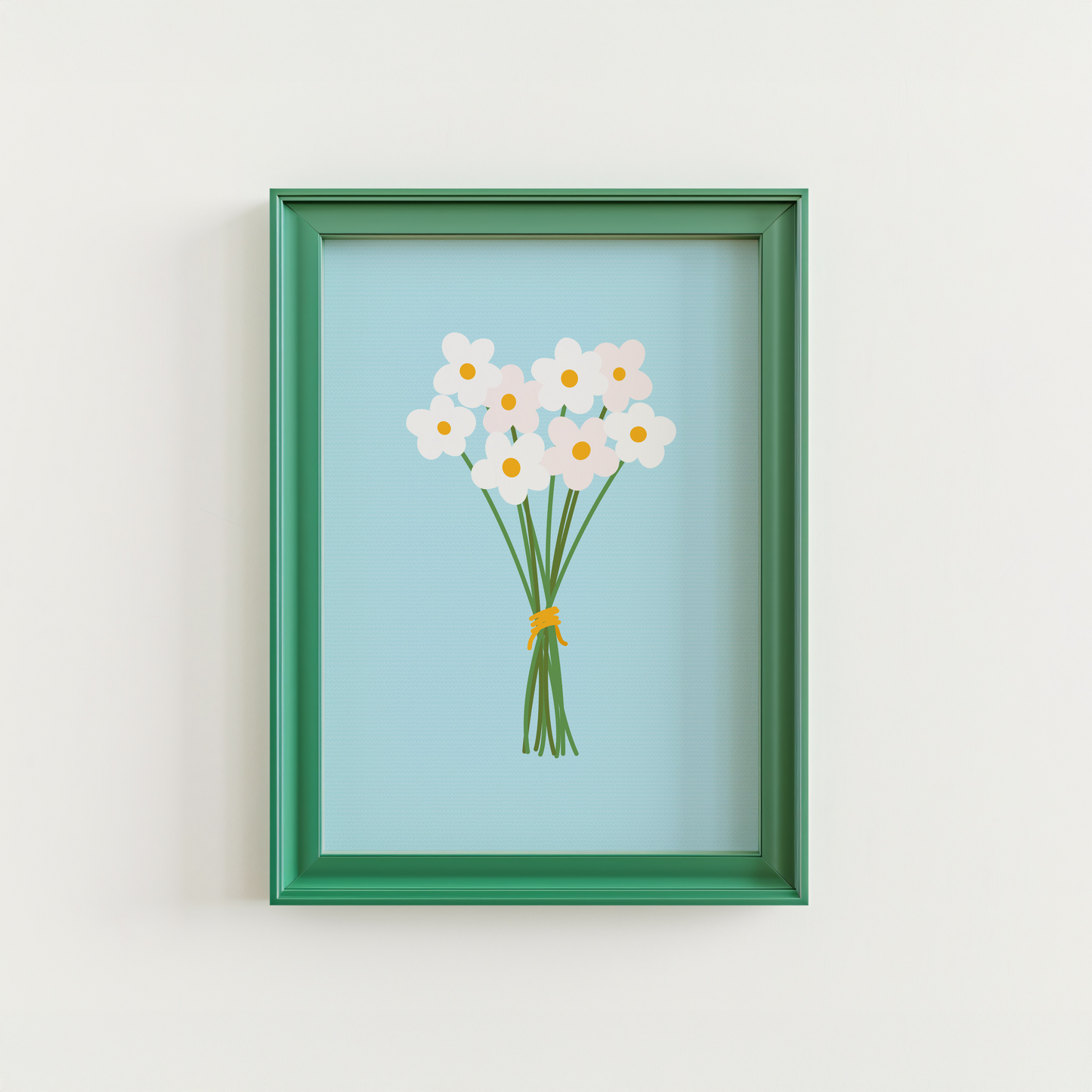 An illustration of a bunch of white daisies, on a blue background.