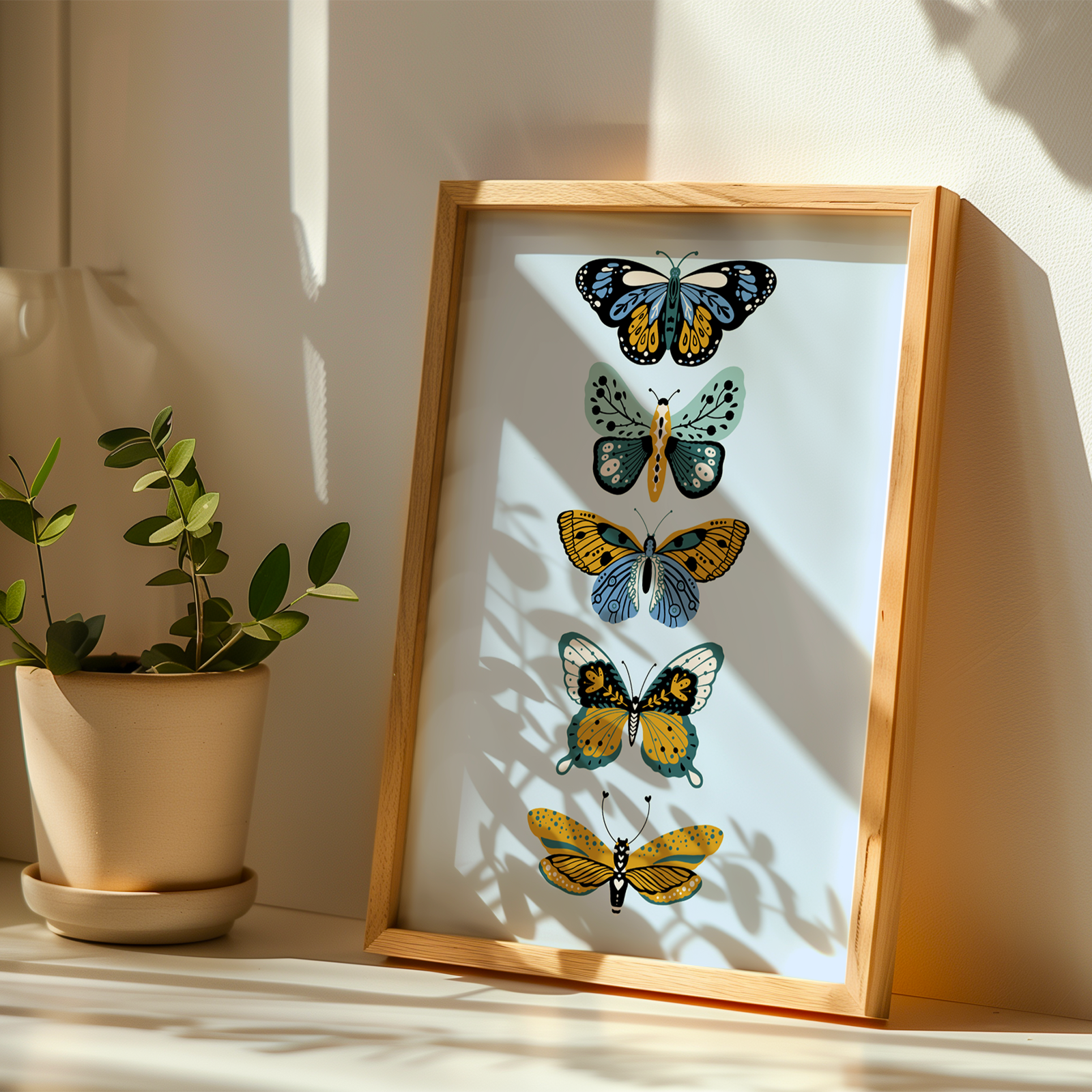 Framed artwork of butterflies on a light background with a potted plant beside it.