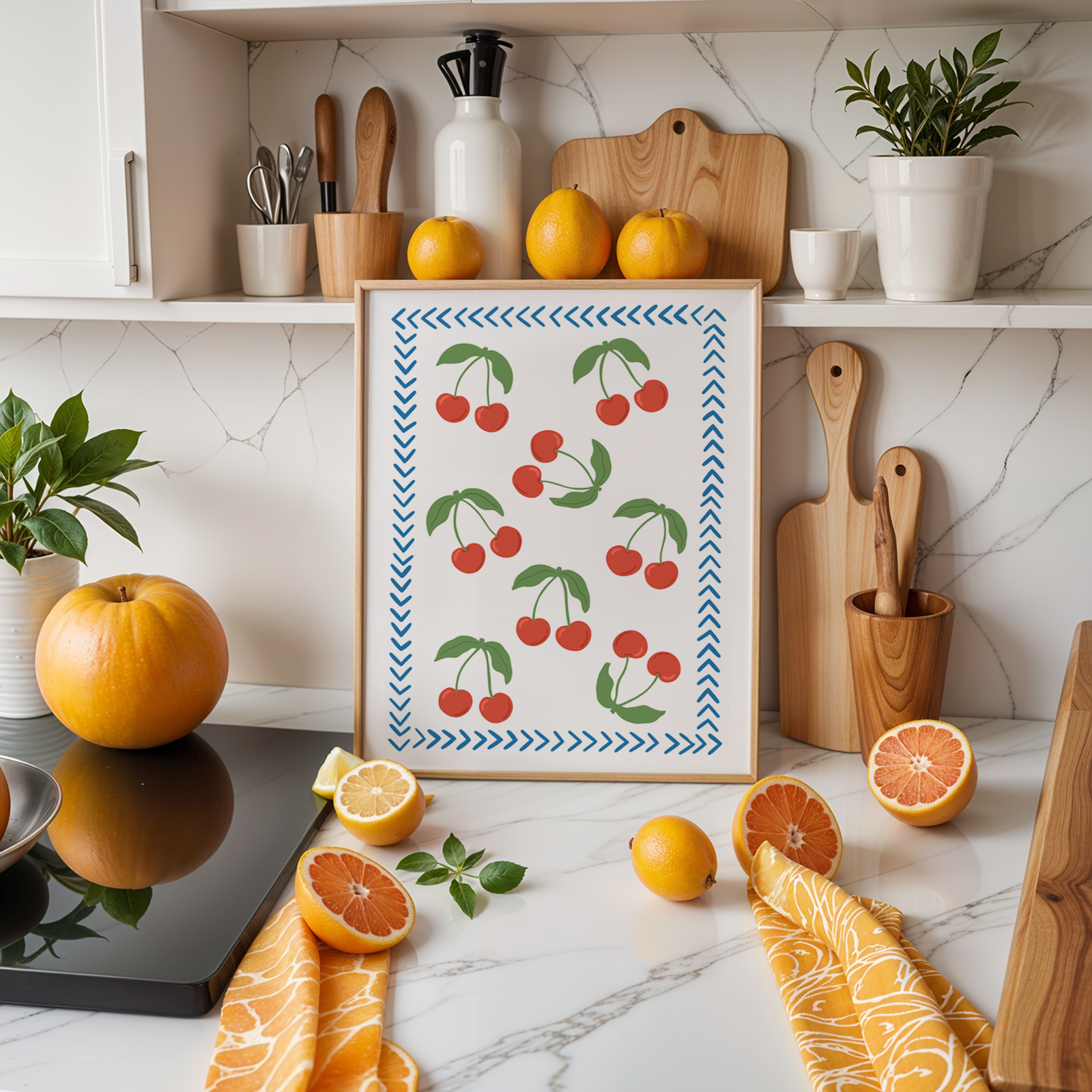 A print with red cherries all over it, and a blue chevron border, on a white background.