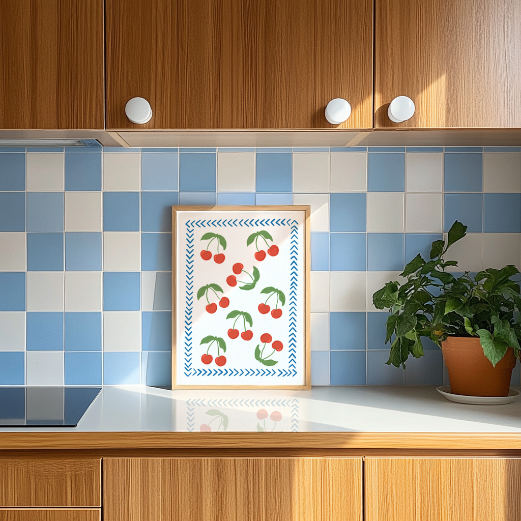 A print with red cherries all over it, and a blue chevron border, on a white background.