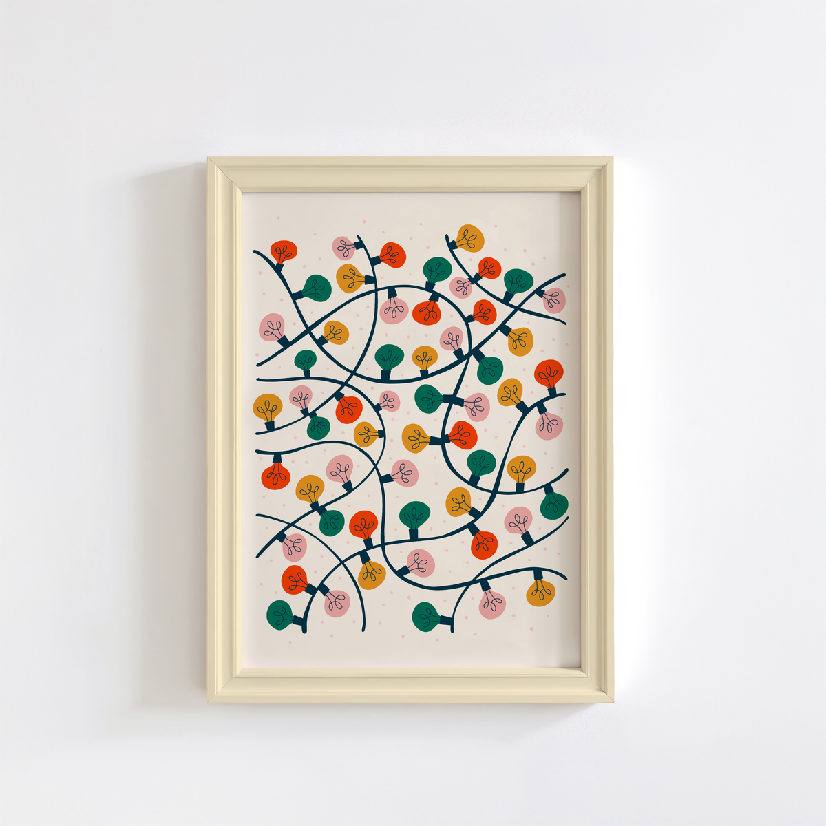 A festively coloured art print featuring an illustration of lots of Christmas lights entangled altogether.