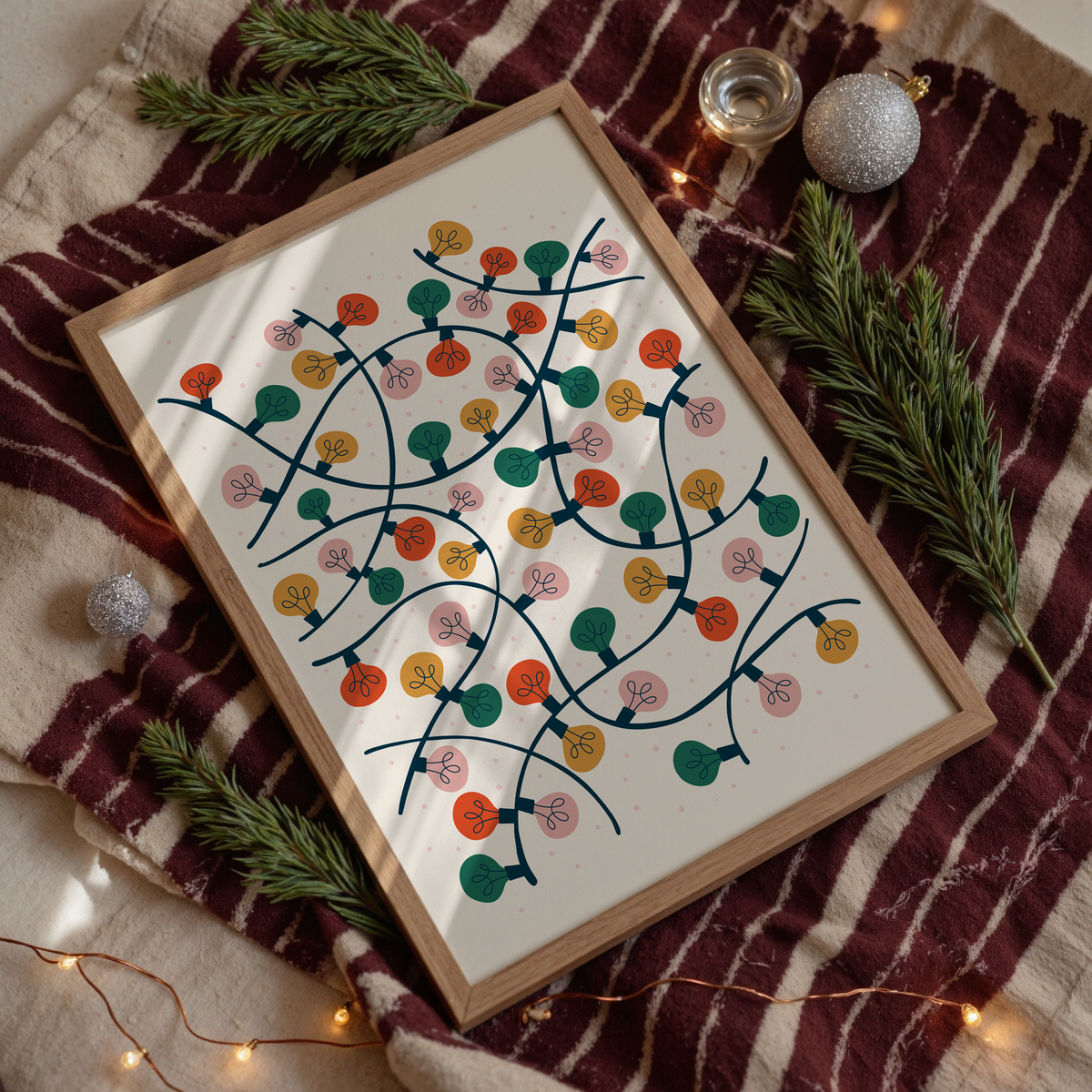 A festively coloured art print featuring an illustration of lots of Christmas lights entangled altogether.