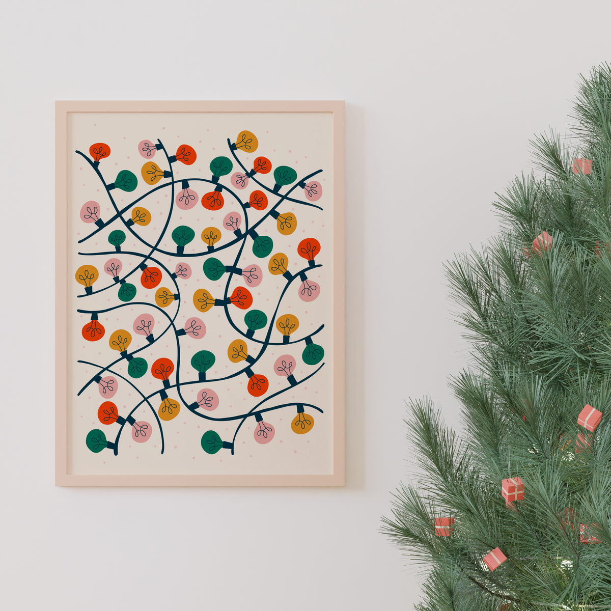 A festively coloured art print featuring an illustration of lots of Christmas lights entangled altogether.