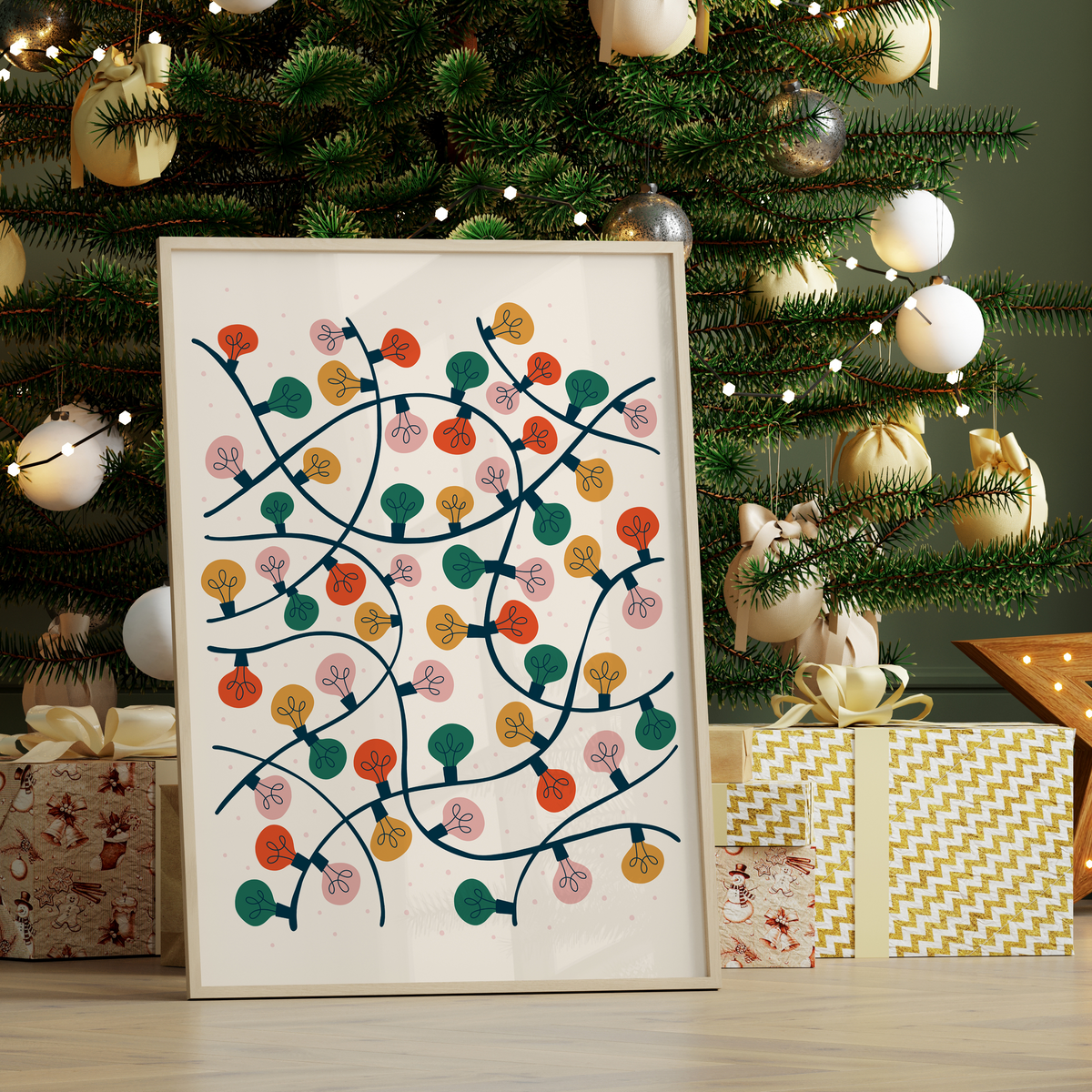 A festively coloured art print featuring an illustration of lots of Christmas lights entangled altogether.