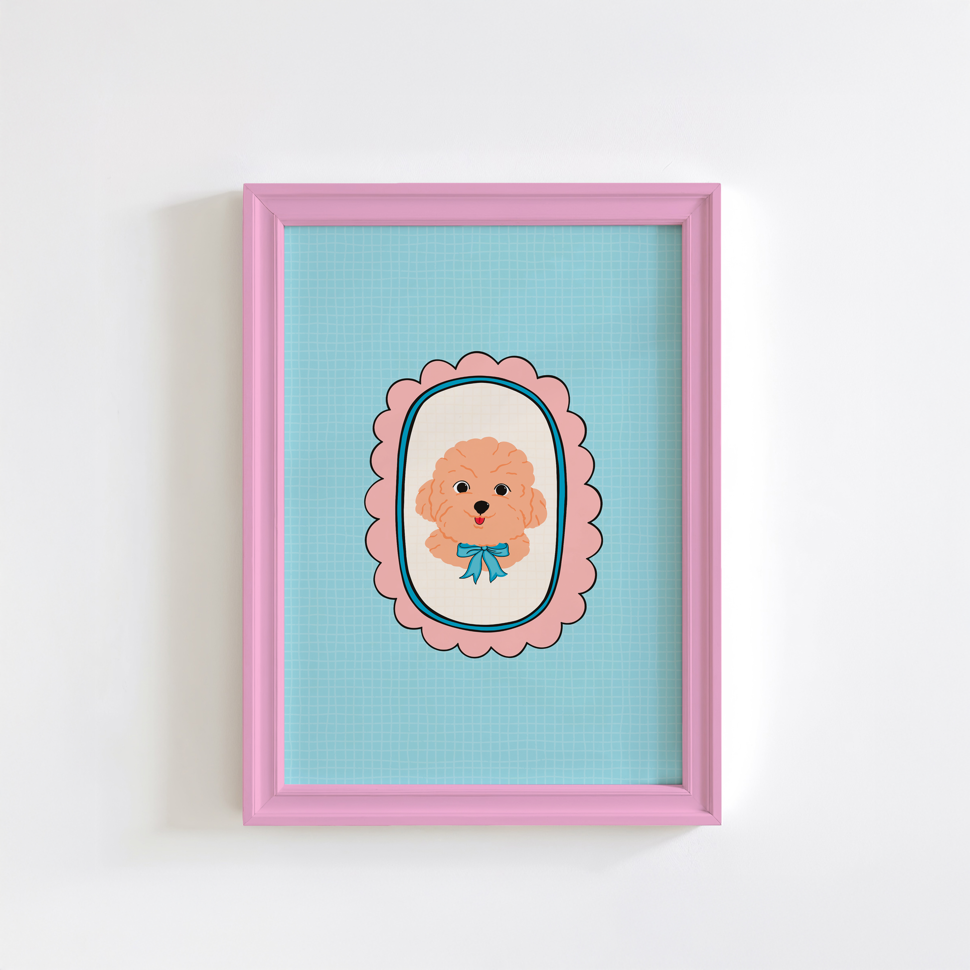 A print of a cute Cockapoo dog with a blue bow tie on a blue background with a scalloped edge design.