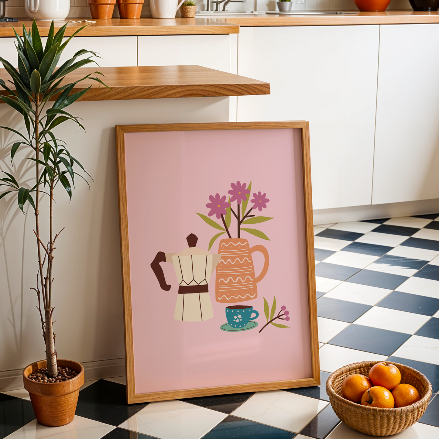 An illustration print, of a cafetière of coffee, a small mug and a vase of pink flowers. The print is on a pink background.