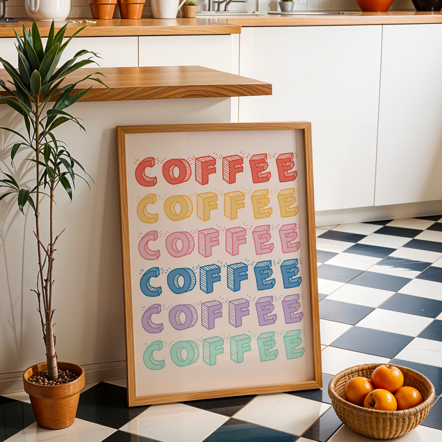 A typography print, with stylised text. The word 'coffee' is repeated 6 times in different rainbow colours.