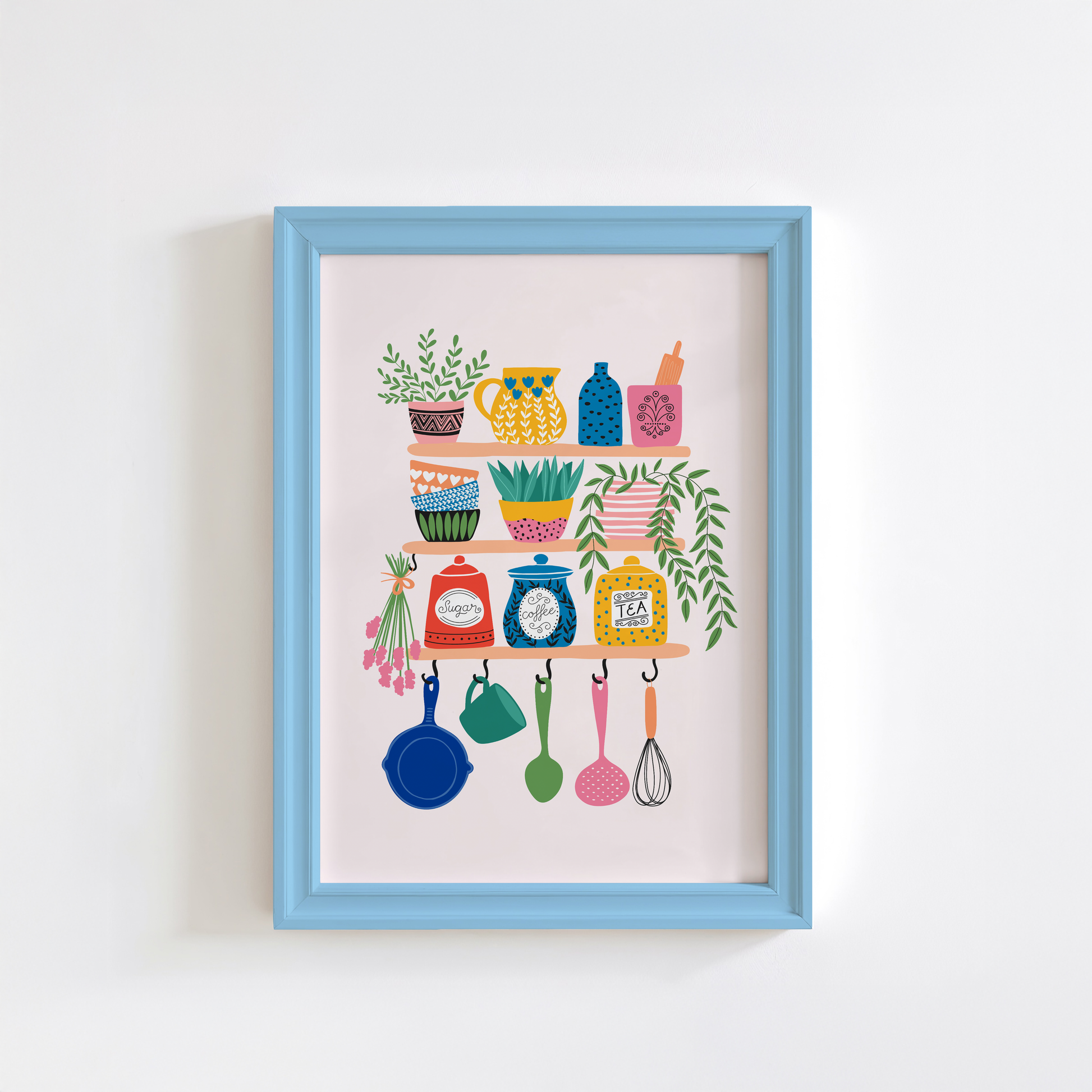 A print with a set of kitchen shelves, with lots of colourful pots, plants and kitchen utensils featured.