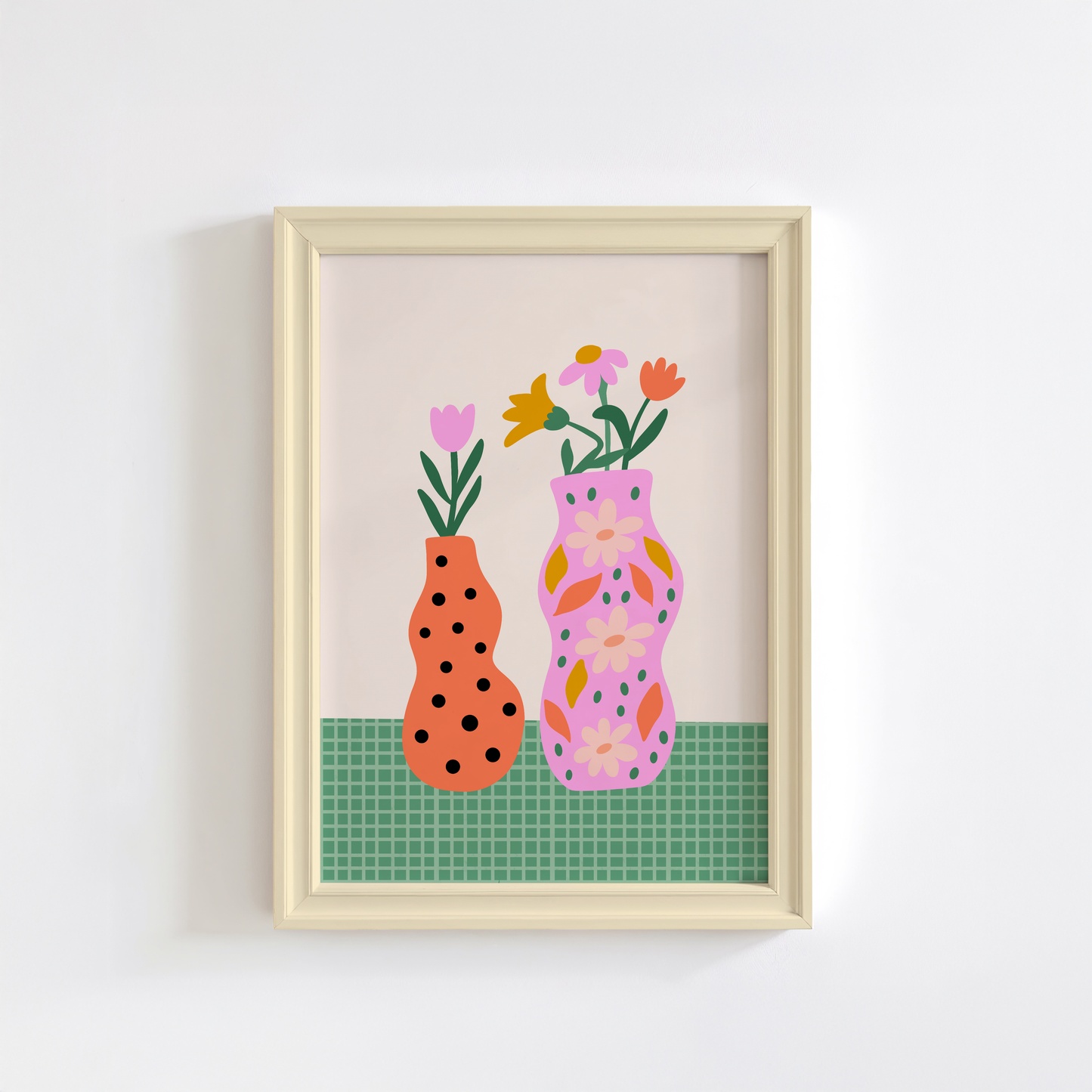 A vibrant vases print, in shades of pink orange and green, with flower illustrations.