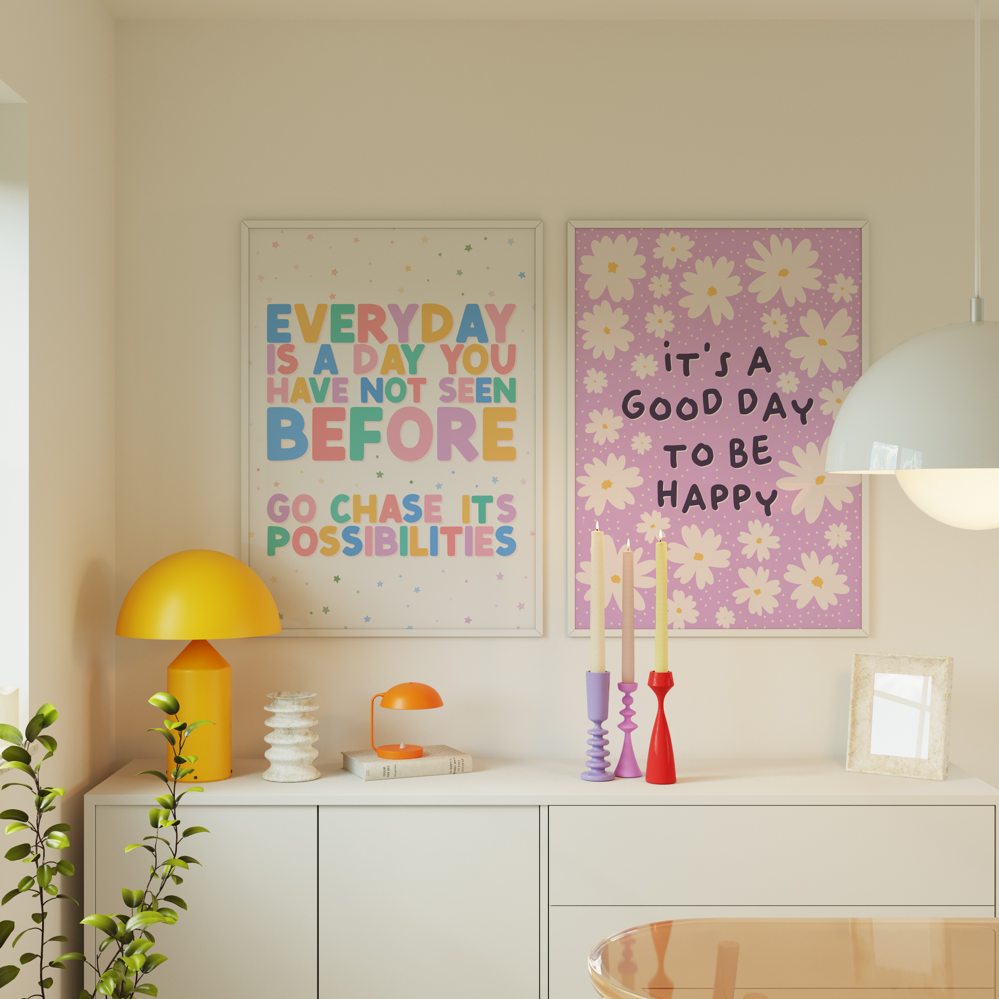 A purple print, with the message 'it's a good day to be happy' surrounded by white daisies. 