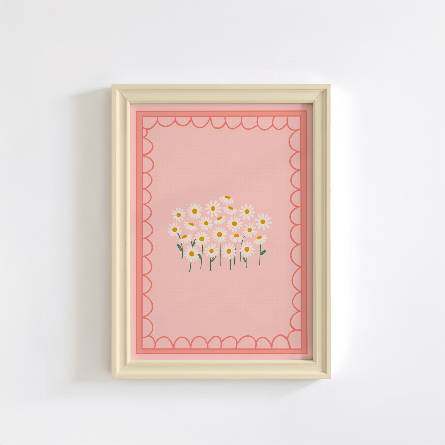 A peachy pink print, with a group of daisies in the centre, framed by a scalloped dark peach background.