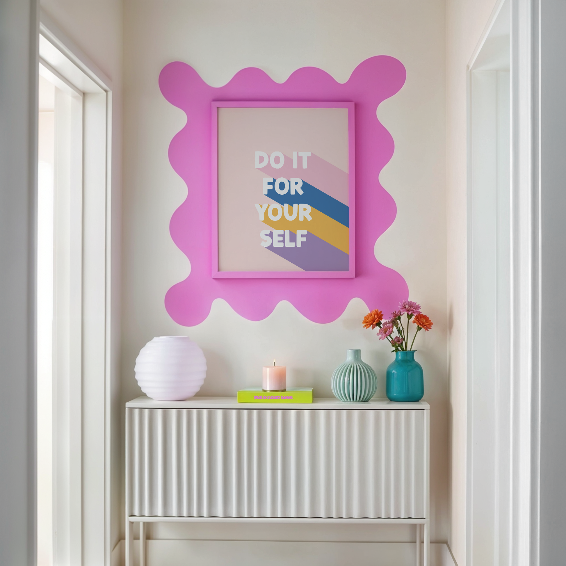 a peachy pink print, with the words 'do it for yourself' with stripes of pink, blue, yellow and purple behind.